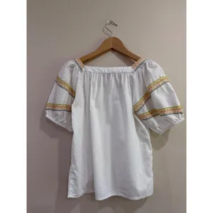 Loft Womens White Embroidered V-Neck Puff Sleeve Cotton Lyocell Blouse XS thumbnail 3