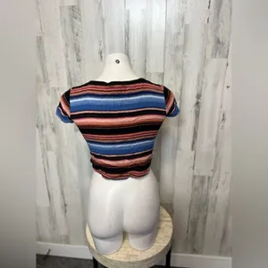 Forever 21 Crop Top Womens Small Multicolor Striped Lace Up V-Neck Short Sleeve thumbnail 3