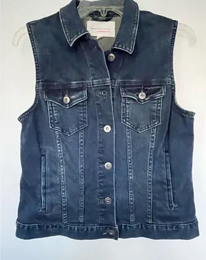 Vince Camuto denim vest with open crocheted back. thumbnail 1
