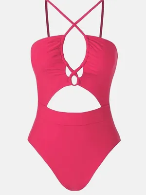 Hot Pink One Piece Cut Out Crossover Swimsuit Size L (12-14) thumbnail 4
