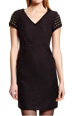 Adrianna Papell Black Sheath Dress Studded Gold Cap Sleeve Woven Work Casual thumbnail 1