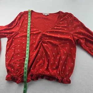 American Eagle -590 Red‎ Floral Print Long Sleeve V-Neck Ruched Blouse - Large thumbnail 7