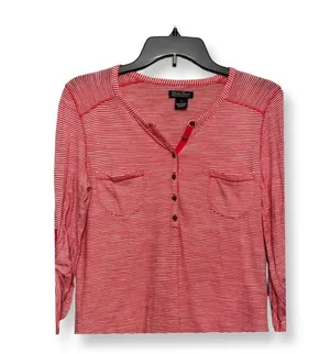 Lucky Brand Womens Henley Shirt RedWhite Stripe Roll Tab Sleeve Pockets S thumbnail 2