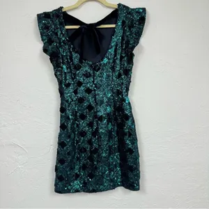 Zara Green Sequined Ruffled Sleeve Mini Dress Blogger Favorite XS Glam Party thumbnail 11