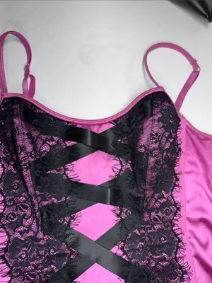 Victoria's Secret purple Pink Satin Chemise top corset Black Lace Crisscross L thumbnail 3