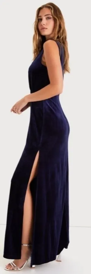 LULU's Elegant Special Event Wedding Bridesmaid Flowy Modest Blue Velvet Gown thumbnail 1