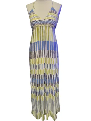 Massimo Dutti Silk Maxi Halter Slip Dress (2) Painterly Stripes Multicolor Boho thumbnail 2