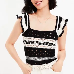 Loft Crochet Knit Ruffle Sleeve Striped Tank Black White Square‎ Neck Size Small thumbnail 1