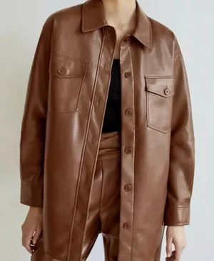 NWT Wilfred Aritzia Cognac The Ganna™ Shirt Jacket Vegan Leather Sz XS thumbnail 1