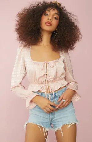 Sugar Thrillz Rose Cup Of Tea Satin Tie Front Crop Top Size M (18” PTP) NWT thumbnail 1
