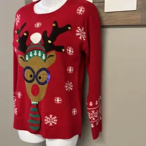 United States Sweater Red Christmas Crewneck Sweater with Reindeer & Bells-Small thumbnail 3