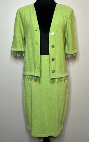 Vintage Liz Sheldon Ltd Lime Green‎ Skirt and Sweater Set w/ Jewel Tassel Detail thumbnail 1