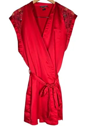 Victoria's Secret‎ Red Satin Lace Short Sleeve Kimono Robe M Boudoir Sexy thumbnail 1