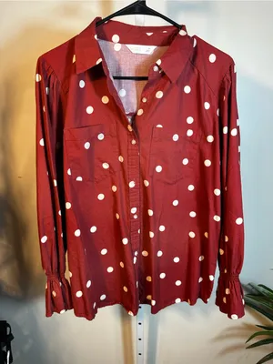 P267. Lauren Conrad Polka Dot Button-Up Blouse in Burgundy and White thumbnail 1