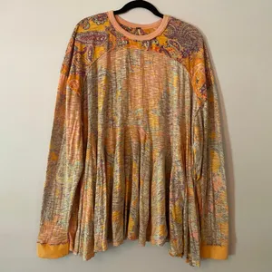 Free People Orange Pink Paisley Oversized Loungewear Long Sleeve Shirt Medium thumbnail 2