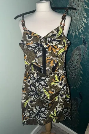 Zara Printed Mini Dress With Cut-Out Detail Tropical Brown Yellow S Small 8 4 36 thumbnail 8