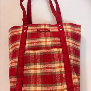 Longaberger Red Plaid Tote Bag Canvas Shoulder Carryall Market Travel Tote Small thumbnail 2