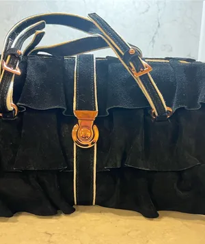 Black Ruffle Suede Satchel with Gold Accent thumbnail 1
