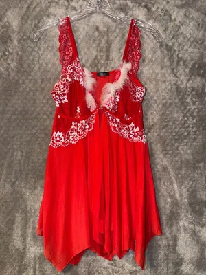 Kle Red Lace and Feather Trim Babydoll Lingerie Dress thumbnail 3