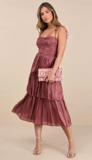 NWT Lulus Tennon Dusty Rose Plisse Tiered Midi Dress Party Cocktail Wedding Sz M thumbnail 1