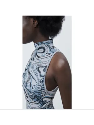 ZARA Marble-Print Sleeveless Midi Dress in Blue and White thumbnail 4