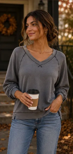 Aerie Gray V-Neck Oversized Sweatshirt Women’s Small Contrast Stitch Pullover thumbnail 1