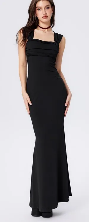 Cider Solid Black U-Neckline Ruffle Maxi Dress Women’s XXS thumbnail 1