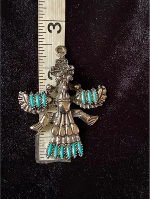 Vintage Southwestern Silver-Tone Thunderbird Kachina Pendant with Faux Turquoise thumbnail 7