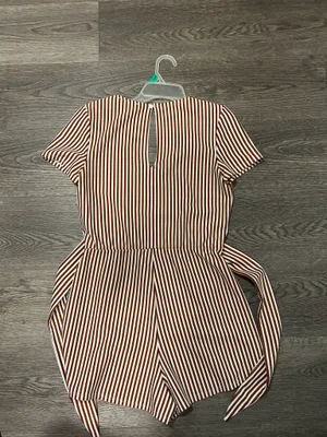 ZARA Trafaluc Brown & White Striped V-Neck Short Sleeve Romper Playsuit thumbnail 3