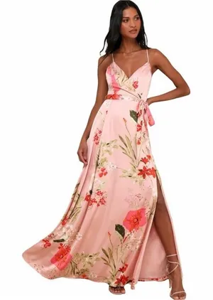 Lulus Faux Wrap XL Blush Pink Floral Satin Maxi Dress Romantic Wedding Guest thumbnail 1