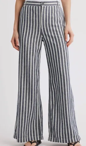 Madewell Zoe Relaxed Wide Pants Linen Blend in Navy White Stripe Size 6 thumbnail 1