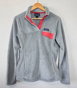 Patagonia Re-Tool Fleece 1/4 Snap-T Pullover‎ Gray Aurea Pink Trim Medium thumbnail 1