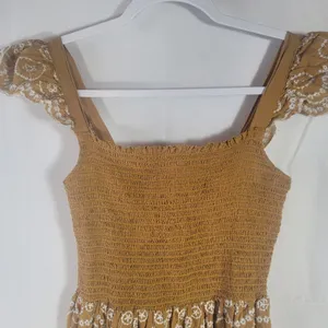 Rebellion Rebellious One Boho Embroidered Cotton Smocked Maxi Dress Mustard Yellow Jr M thumbnail 6