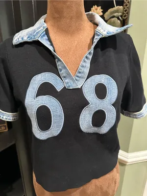 IMMODEL Denim‑Trim Cropped Jersey Top – Patch “68” – Size Large Blue thumbnail 4