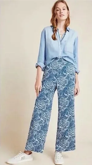 Maeve Navy and White Paisley Wide-Leg Pants thumbnail 1