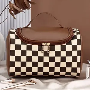 Brown Checker Faux Leather Cosmetic Makeup Bag Boxy Travel Case NWT thumbnail 3