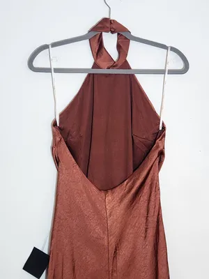 Lulus Brown Satin Halter Maxi Dress Size Small NWT Wedding Guest Dress thumbnail 7