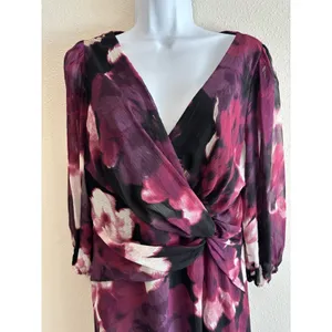DKNY Size 8 Abstract Floral Balloon Sleeve Faux Wrap Dress - Magenta &‎ Plum thumbnail 4