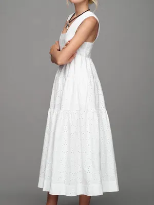 By Anthropologie Women’s Square Neck Eyelet White Lace Tiered Midi Dress Sz XXS thumbnail 8