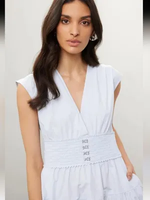 Derek Lam Light Blue Poplin V-Neck Tiered Midi Dress EUC US Size 4 MSRP $398 thumbnail 4