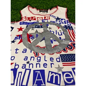 Realitee Y2K USA Patriotic Peace Sign Tank Top Glitter Stars Stripes Made USA M thumbnail 2