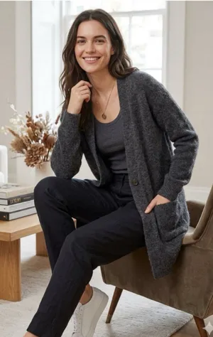 Uniqlo 100% Wool Knit Oversized Long Cardigan Charcoal Gray Sz Small Cabin Core thumbnail 1