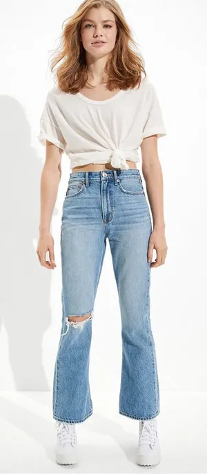 American Eagle Highest Rise 90s Flare Size 10 Short Distressed thumbnail 1