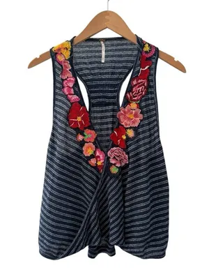 Free People Floral Striped Sleeveless Applique Top Size XS Embroidered Boho thumbnail 2
