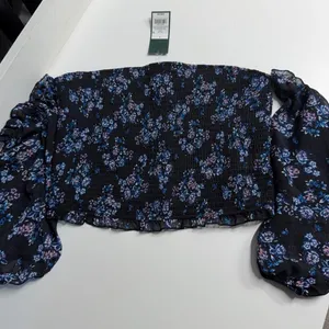 NWT coquette black floral off shoulder top dark romantic ruffle sleeves junior L thumbnail 2