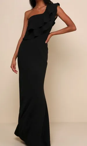 NEW Lulus Grand Beauty Black Ruffled One-Shoulder Mermaid Maxi Dress Large thumbnail 1