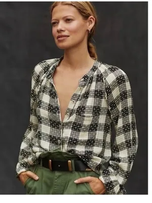Pilcro Anthropologie Black White Plaid Viscose Wool Blend Button Down Blouse S thumbnail 1
