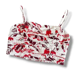 Sugarlips Red and White Tropical Floral Ruched Crop Top Womens Medium NEW Summer thumbnail 1