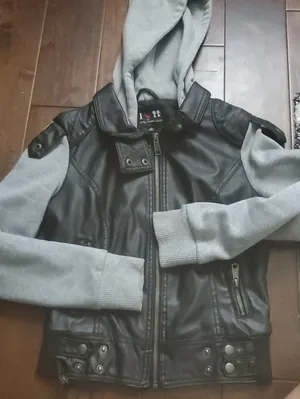 Black Faux Leather & Gray Hooded Jacket thumbnail 1