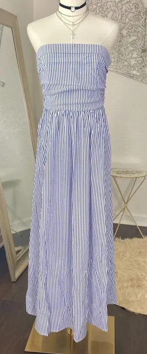 Source Unknown New Casual Blue White Striped Strapless Bandeau Midi Dress L thumbnail 1